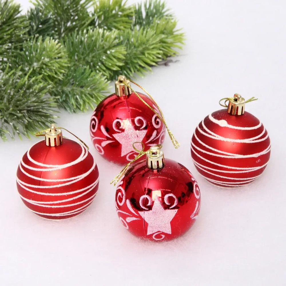 Новогодние шары 6 см (набор 4 шт) «Снежная дымка», Красный