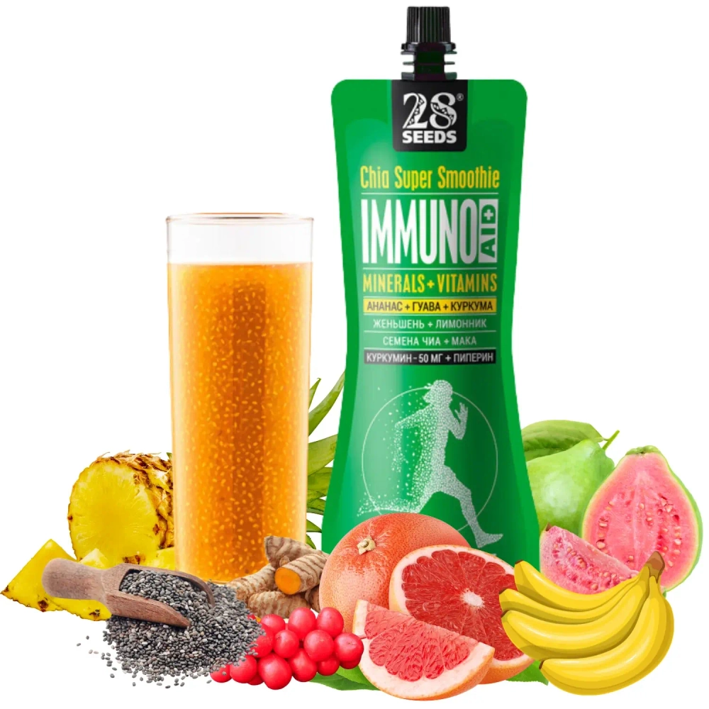 Супер-смузи ЧИА ИММУНО «Ананас + Гуава + Куркума» 250 г 28SEEDS — иммунное смузи с семенами чиа, ананасом, гуавой и куркумой