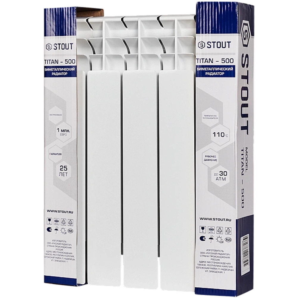 Радиатор биметаллический STOUT TITAN 500 - 5 секций (подключение боковое, цвет белый)
