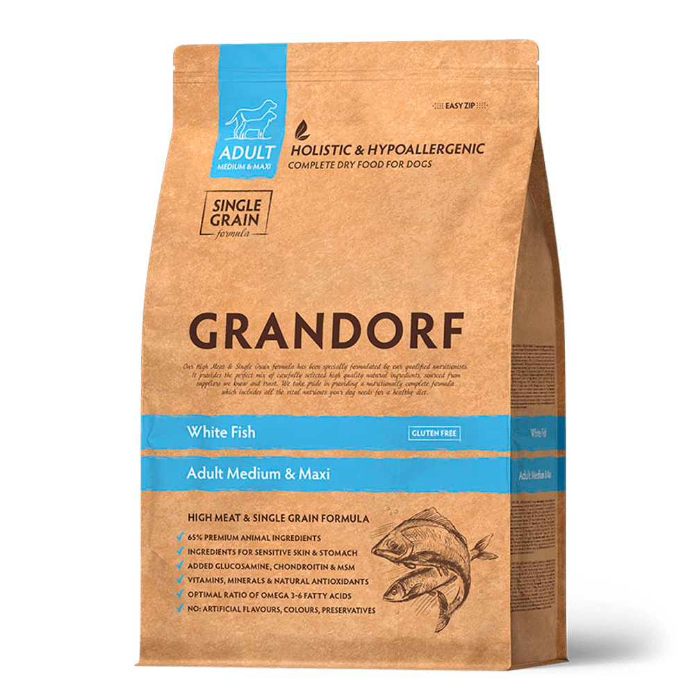 Сухой корм Grandorf Dog White Fish MED&MAXI для собак средних и крупных пород с белой рыбой 1 кг