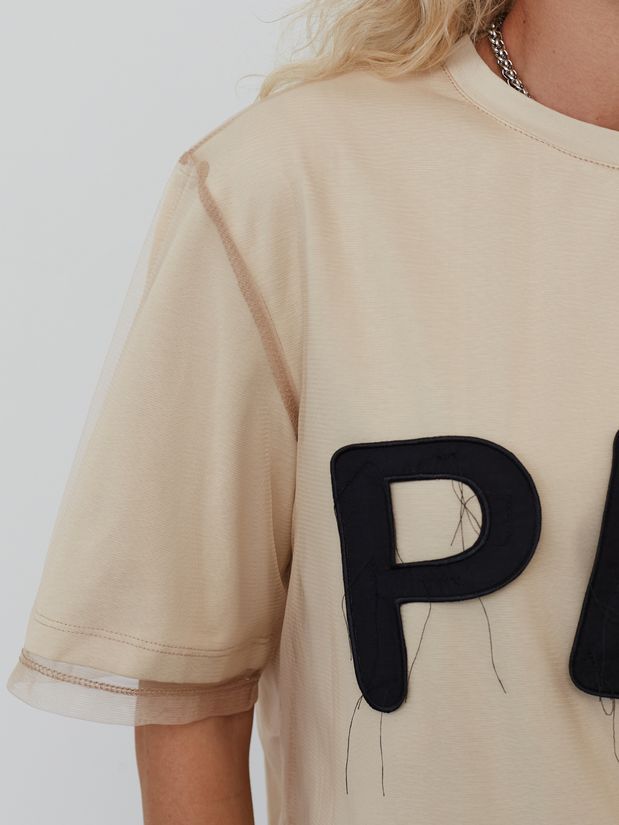 Футболка двойная с сеткой и буквами PLN, бежевый