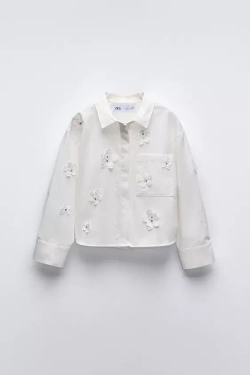 ZARA РУБАШКА С ЦВЕТОЧНЫМ УЗОРОМ 3D, БЕЛЫЙ