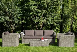 "Капучино" диван из искусственного ротанга (гиацинт) трехместный с подушками, цвет серый
