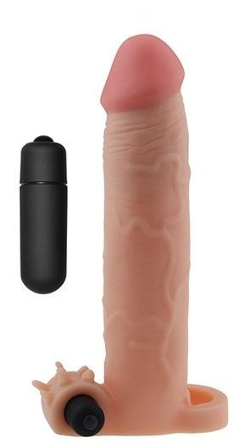 Телесная удлиняющая вибронасадка на пенис - 20 см.