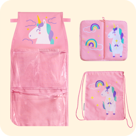 Набор для детского сада: кармашек, коврик, мешок. Единорог розовый