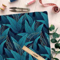 Ткань оксфорд 600 синие листочки с золотом