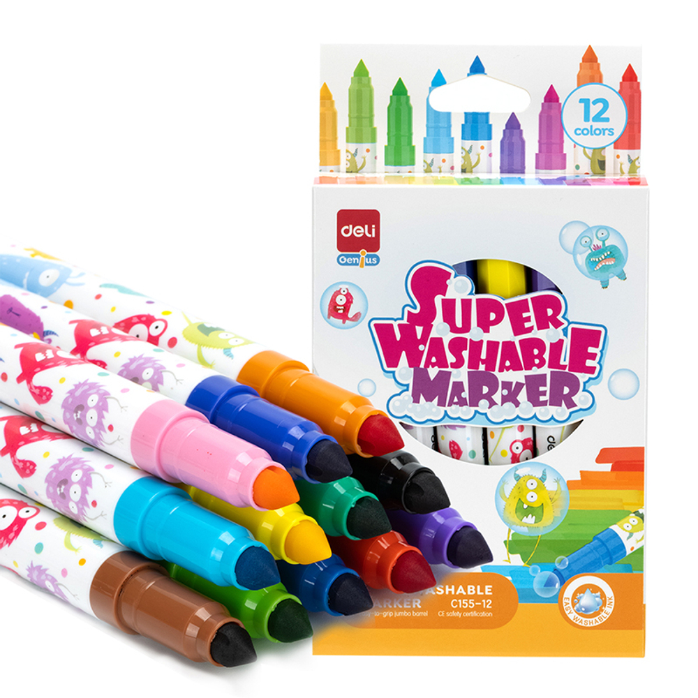 Фломастеры Deli "Super Washable", 12 цветов, круглый корпус, картонная упаковка