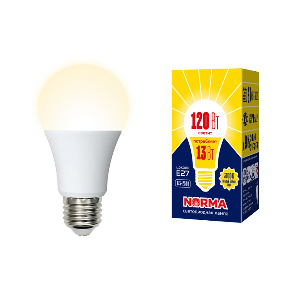 LED-A60-13W/WW/E27/FR/NR Лампа светодиодная. Форма A, матовая. Серия Norma. Теплый белый свет (3000K). Картон. ТМ Volpe