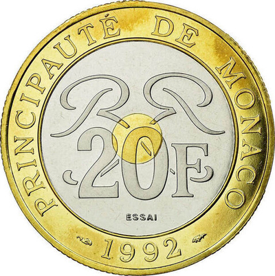 МОНАКО, 1992, 20 ФРАНКОВ [БИМЕТАЛЛ] [ПРОБНАЯ МОНЕТА (ESSAI)]