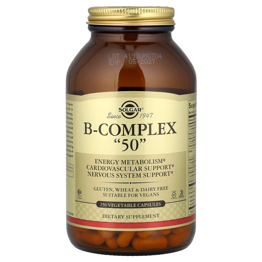 Solgar, B-Complex 50, витамины группы B, 250 растительных капсул