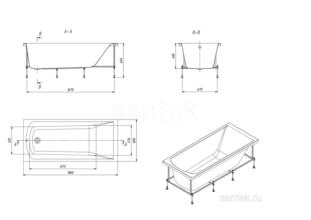 Акриловая ванна Santek Фиджи 180х80 прямоугольная 1WH501706