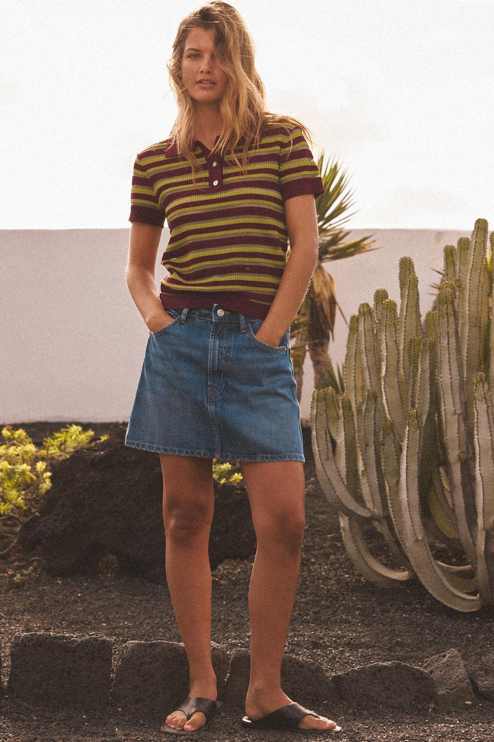 ZARA ТРИКОТАЖНЫЙ ТОП В ПОЛОСКУ С ВОРОТНИКОМ ПОЛО, ПОЛОСКИ