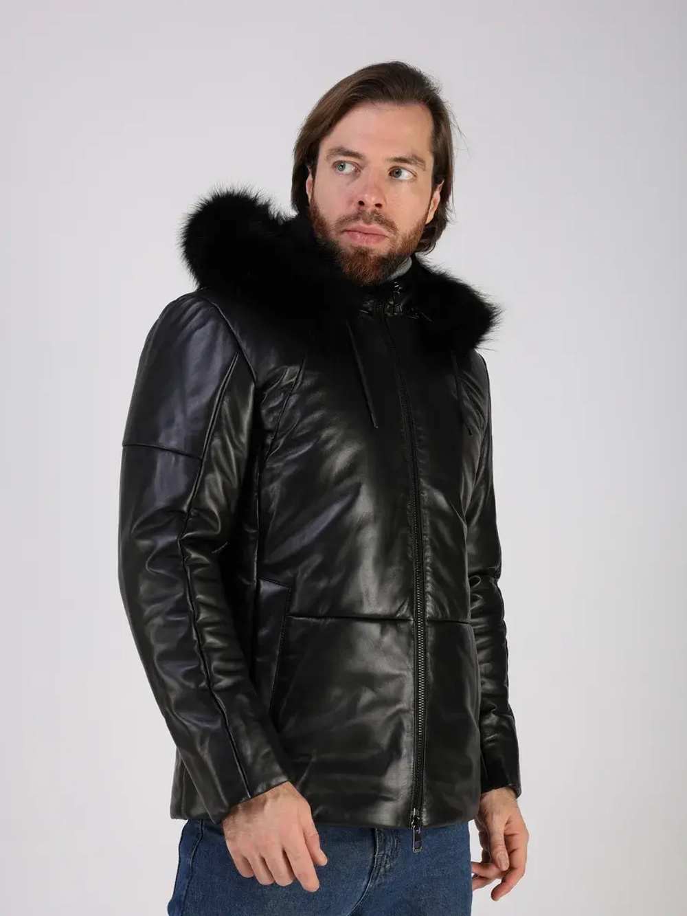 Куртка зимняя кожаная с капюшоном пуховик