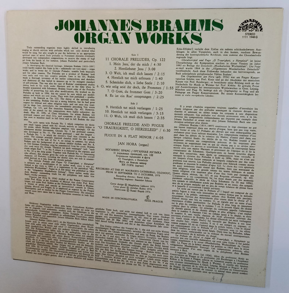 Brahms, Jan Hora Organ Works (Czechoslovakia 1978)