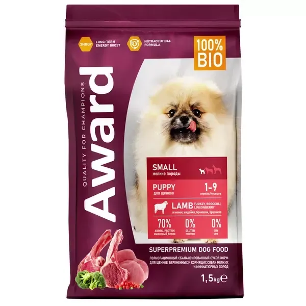Сухой корм AWARD для щенков от 1 мес, беременных и кормящих сук мелких и миниатюрных пород с ягненком и индейкой с добавлением брокколи и брусники