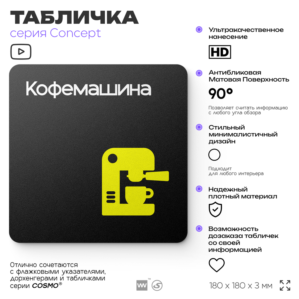 Табличка Кофемашина, на дверь и стену, навигационная и информационная, серия CONCEPT, 18х18 см, Айдентика Технолоджи