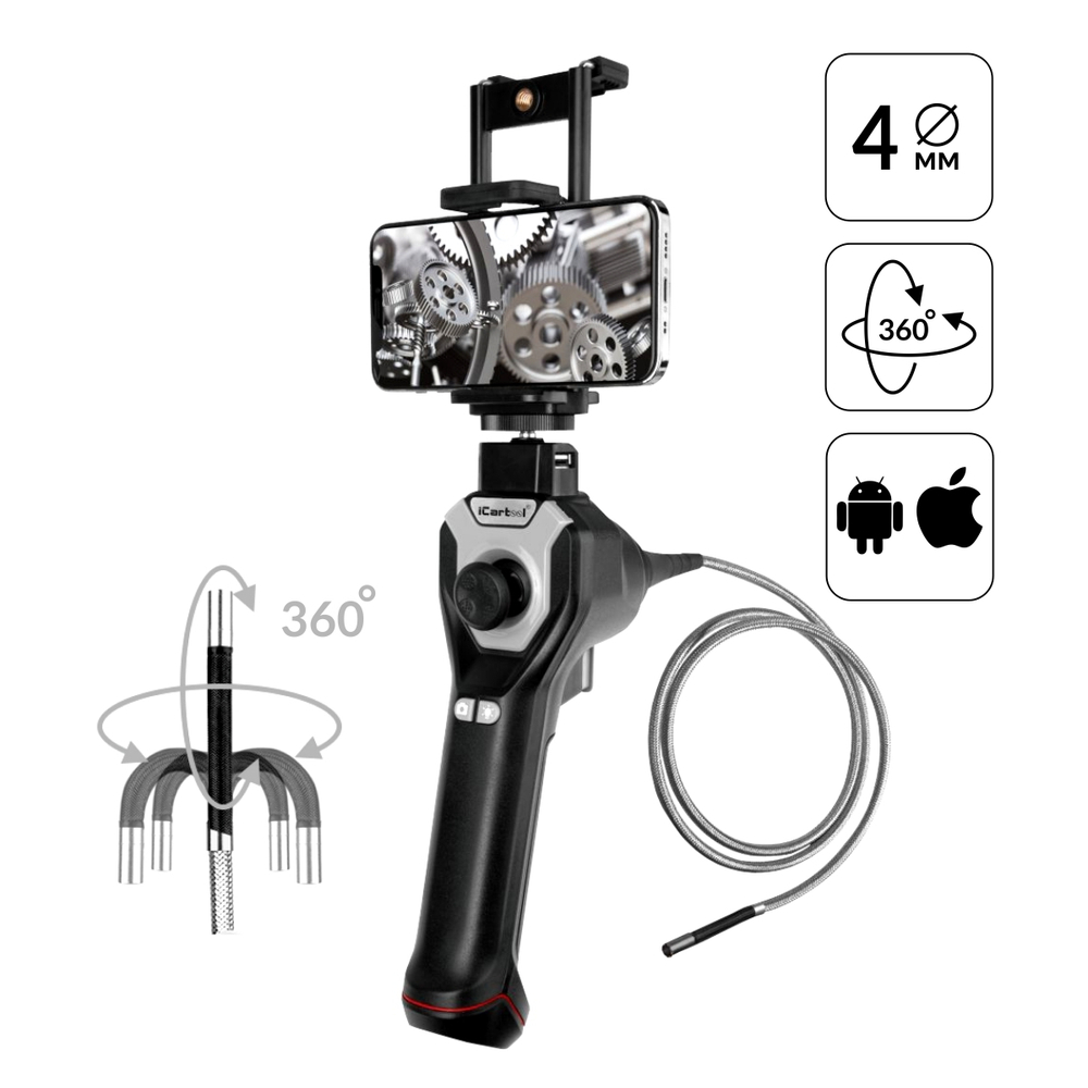 Видеоэндоскоп управляемый USB, 1Мп, 1280х720, 1м, 4мм зонд, всесторонняя артикуляция iCartool IC-V104AW