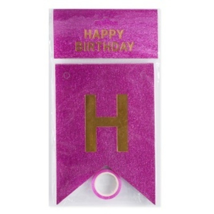 Гирлянда Флажки, Happy Birthday, Фуксия/Золото, Металлик, с блестками, 350 см, 17*12 см, 1 упак.