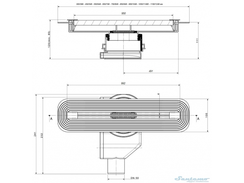 Желоб водосток Pestan Slim 1050  напольный нержавеющая сталь 13100038 схема