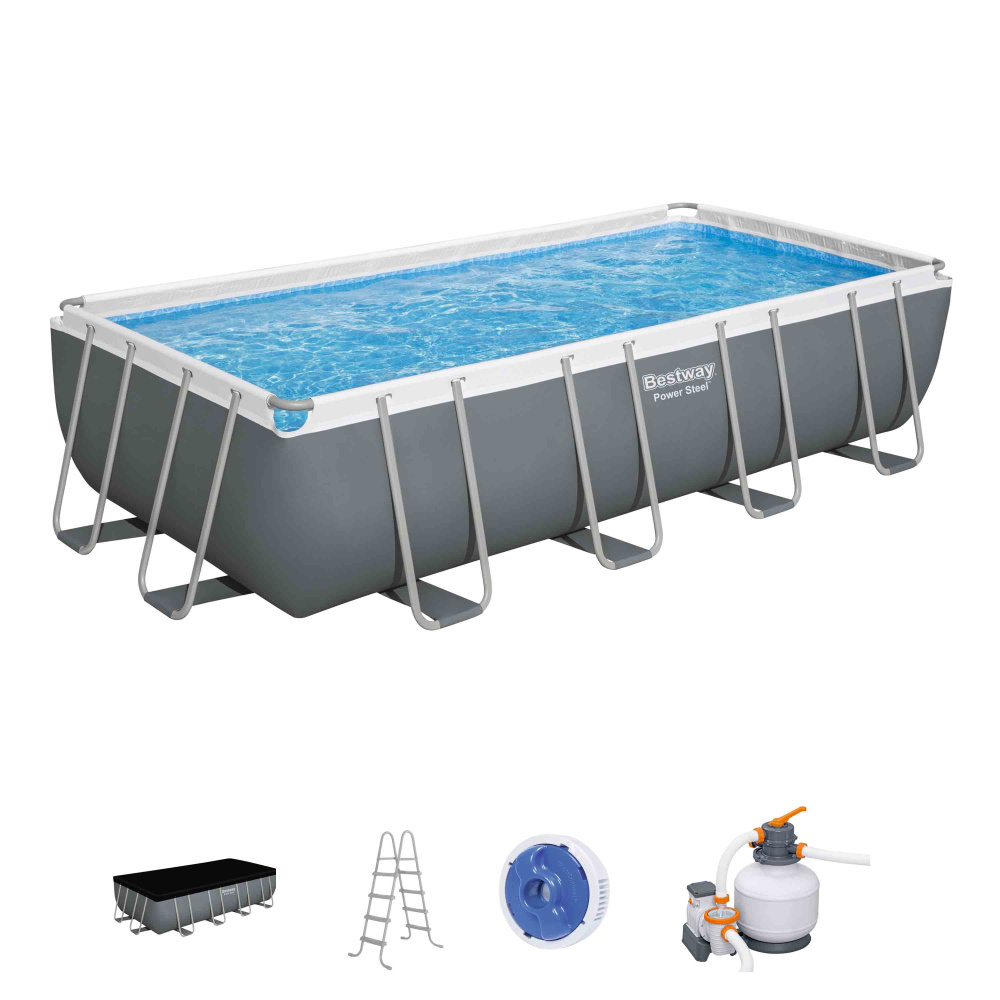 Каркасный прямоугольный бассейн Bestway 549х274х122 см + песочный ф/насос 5678 л/ч, тент, лестница (56466 BW)