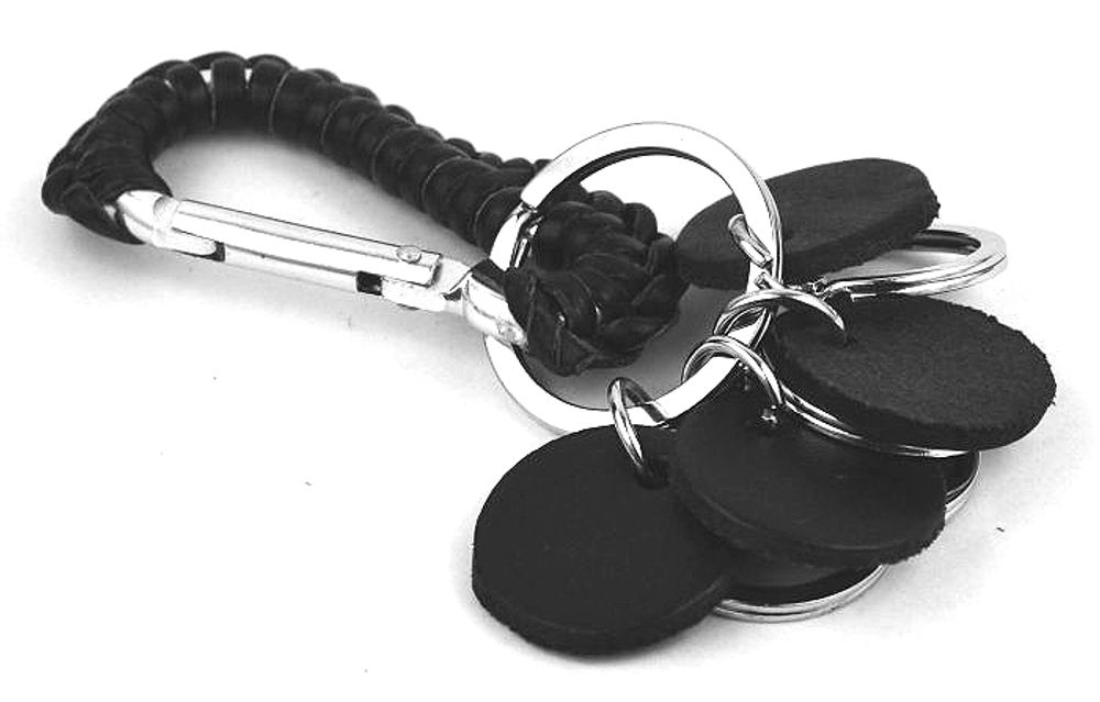 Мужской брелок для ключей с карабином &quot;Кольца&quot; из чёрной кожи и стали RSBR-055