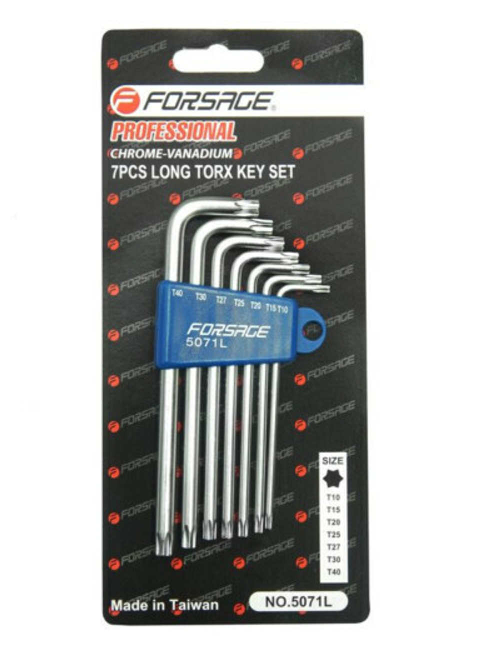 Набор ключей TORX Г-образных длинных, 7пр.(Т10,Т15,Т20,Т25,Т27,Т30,Т40) в пластиковом держателе Forsage F-5071L