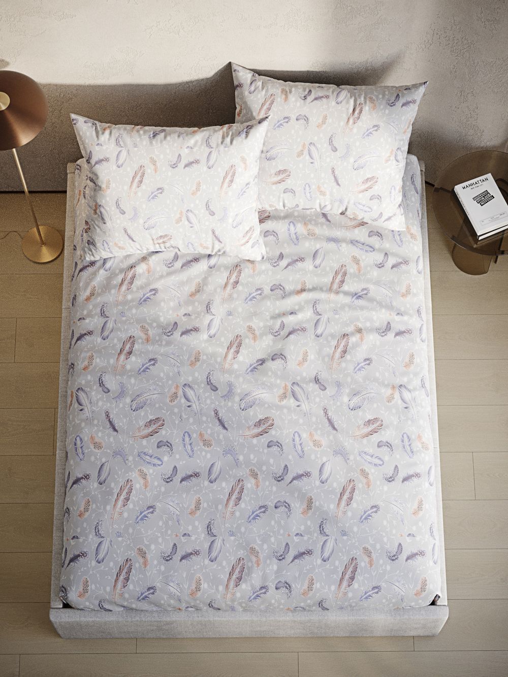 Постельное белье перкаль Сказка "Перышко" 1,5-сп Наволочка 50х70 см 1 шт Простынь на резинке 90x200 см Пододеяльник 145x215 см