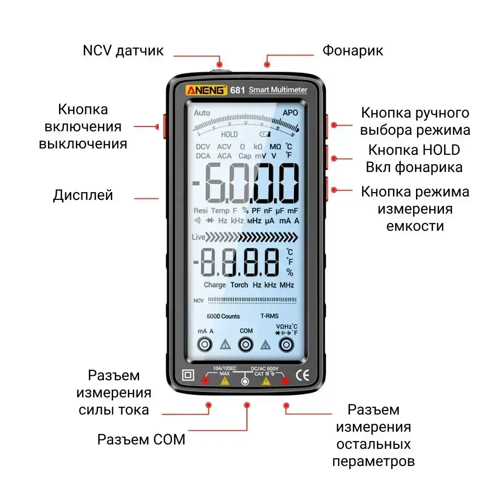 Мультиметр цифровой ANENG 681PRO, встроенный аккумулятор, черный