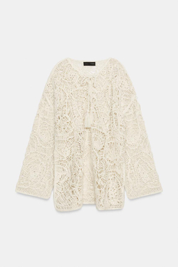 ZARA АЖУРНОЕ ТРИКОТАЖНОЕ ПЛАТЬЕ С КИСТОЧКАМИ, ЭКРЮ