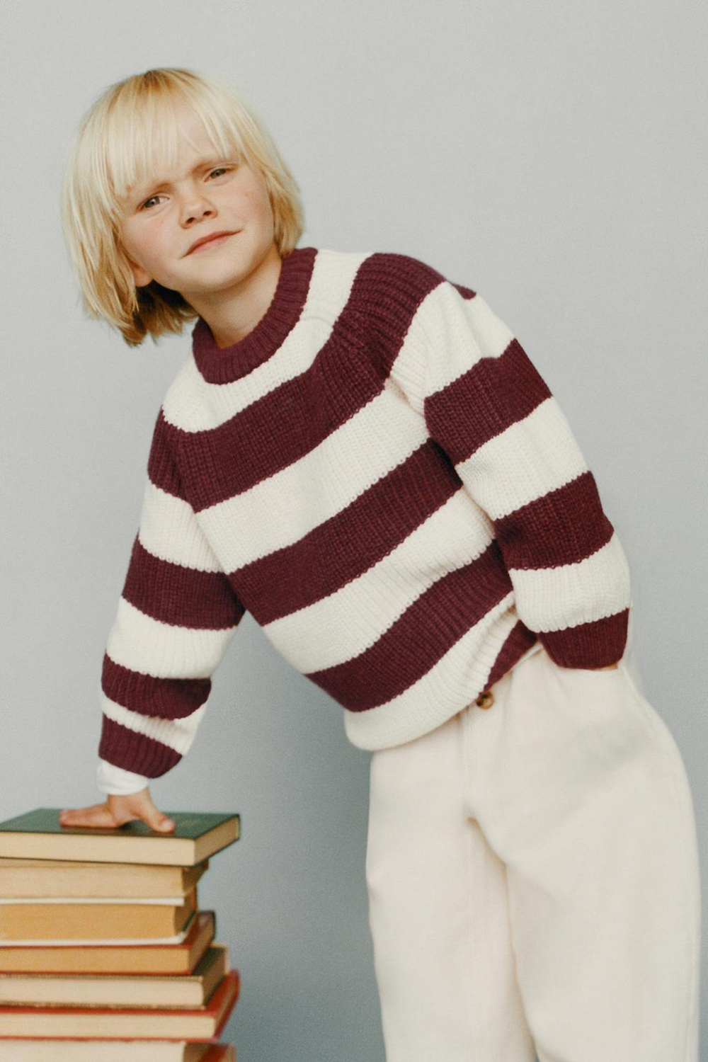 ZARA ВЯЗАНЫЙ ДЖЕМПЕР В ПОЛОСКУ С ШЕРСТЬЮ, ЭКРЮ/ГРАНАТОВЫЙ