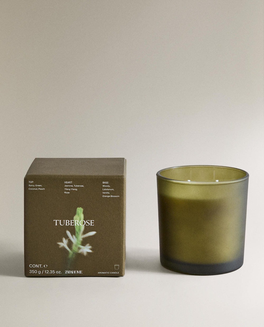 Zara Home Свеча ароматическая Tuberose 350 г, растительный воск, аромат цветочный, Розовый