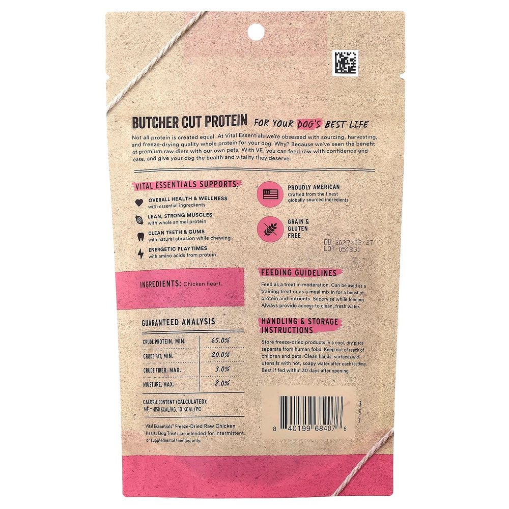 Vital Essentials, сублимированные необработанные лакомства для собак, со вкусом куриных сердечек, 53,9 г (1,9 унции)