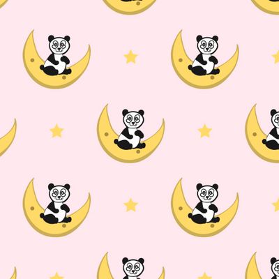 Панда сидит на полумесяце розовый фон