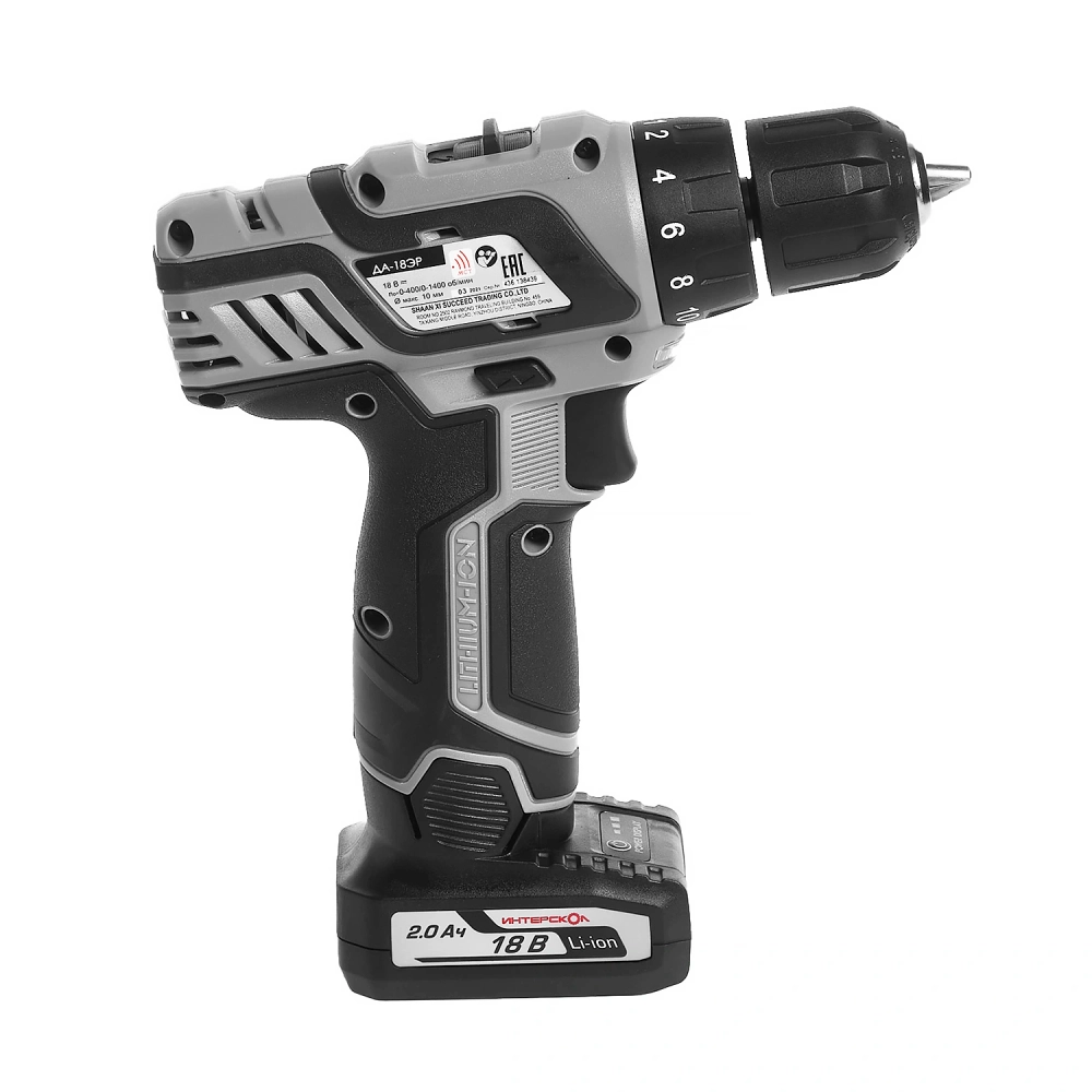 Аккумуляторная дрель-шуруповерт ИНТЕРСКОЛ ДА-18ЭР, 18 В, 1400 об/мин, с 2 АКБ 2 Ач и ЗУ (436.2.2.20)