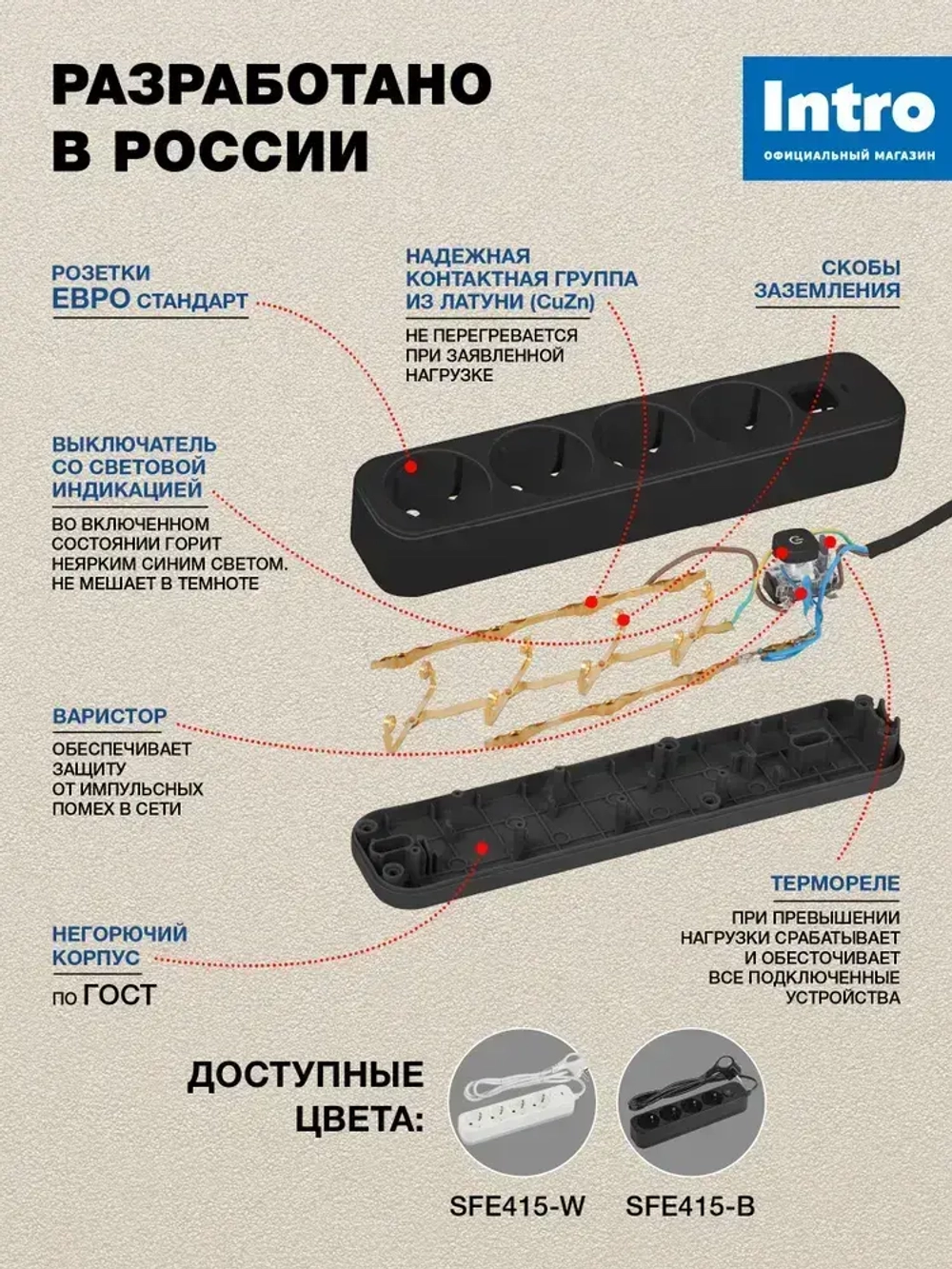 Сетевой фильтр Intro SFE415-B с базовой защитой с заземлением с выключателем 4 розетки 1,5м 10А черный / удлинитель сетевой 1,5м