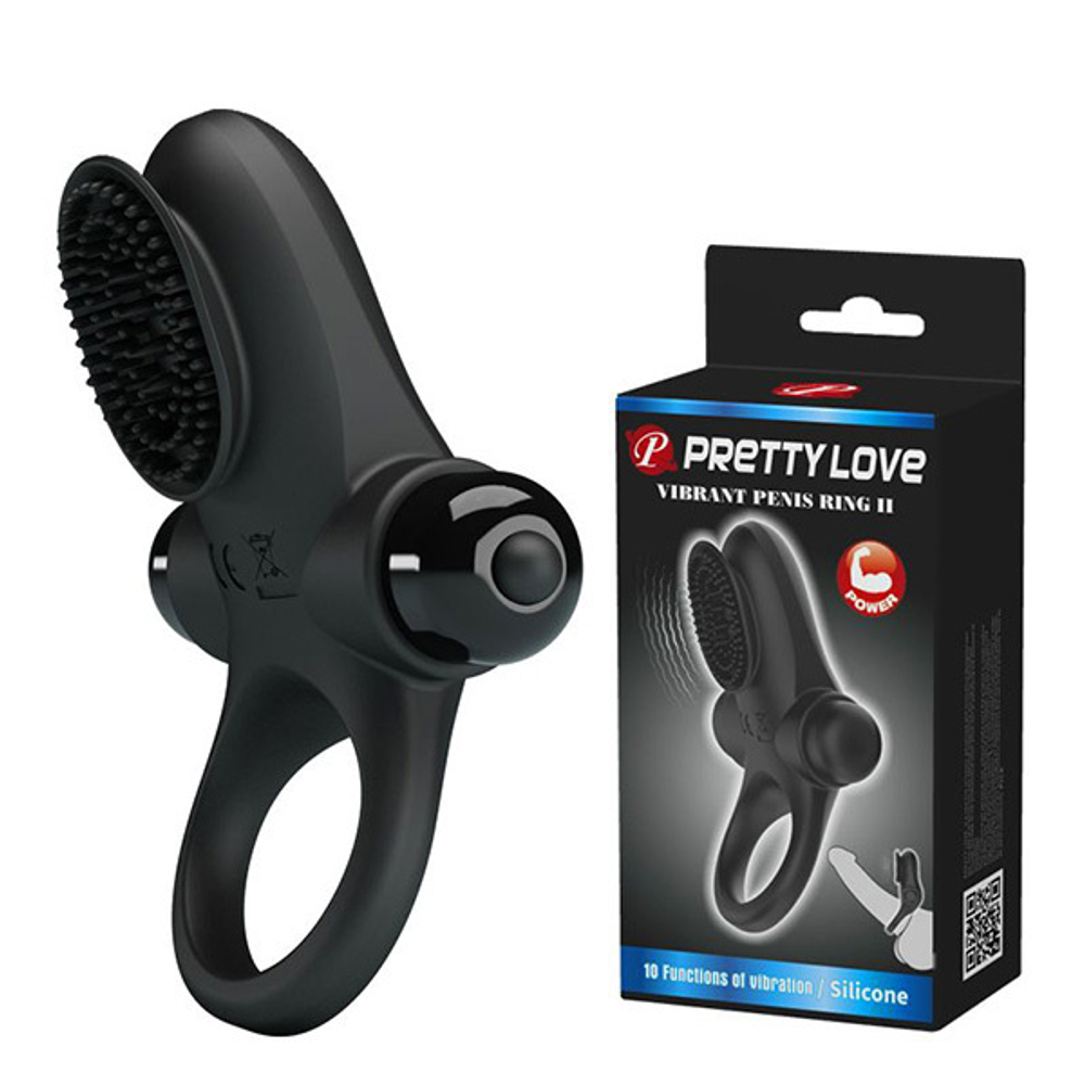 Черное эрекционное виброкольцо с клиторальной щеточкой Pretty Love Vibrant Penis Ring II BI-210205
