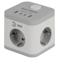 Удлинитель электрический ЭРА CUBE-3es-1,5m-4USB-W куб с заземлением с выключателем 3 розетки+4xUSBA+C 1,5м 16А белый | Бытовые удлинители