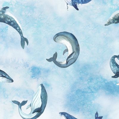 Звездные киты на голубом акварельном размытом фоне