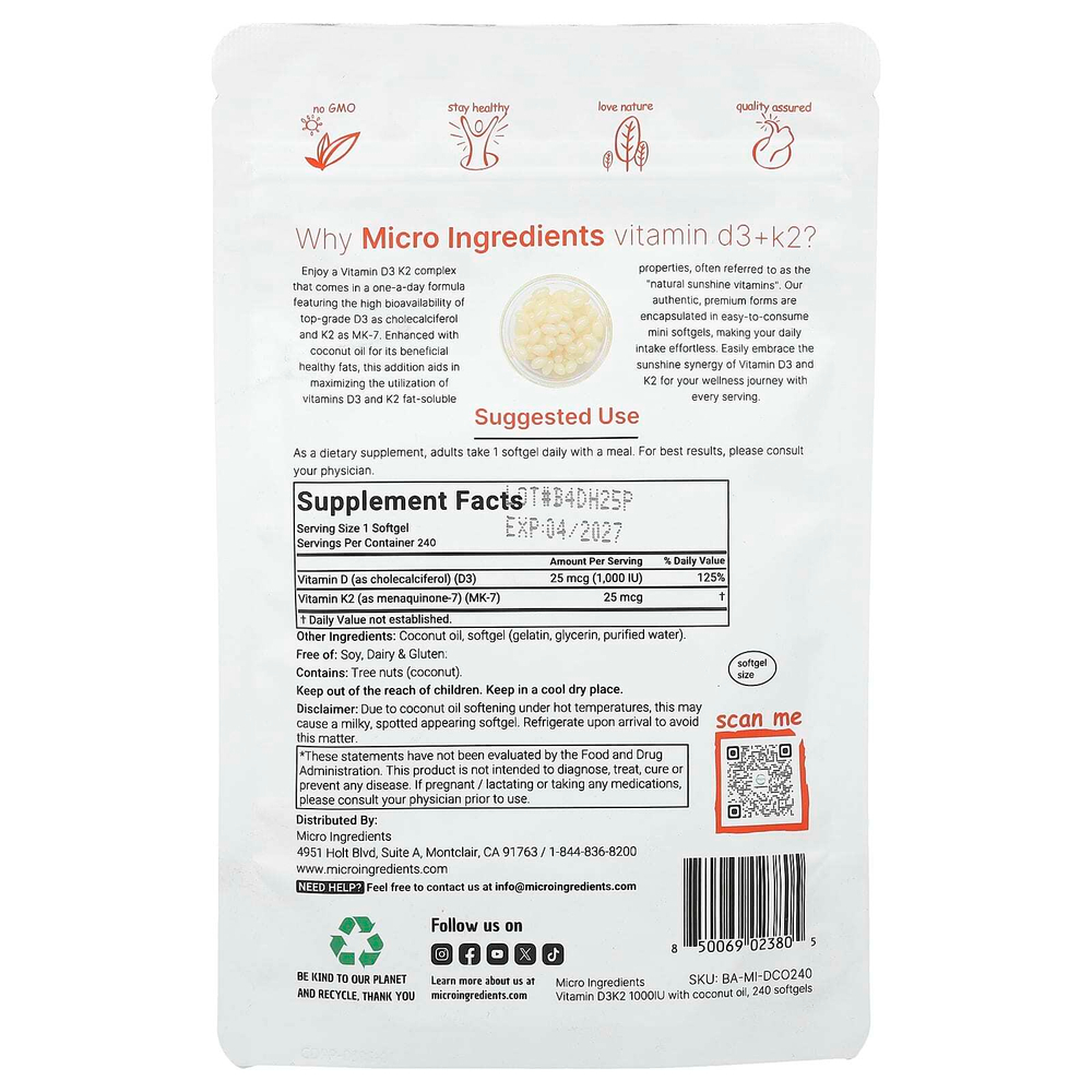 Micro Ingredients, витамины D3 и K2, 240 мягких таблеток