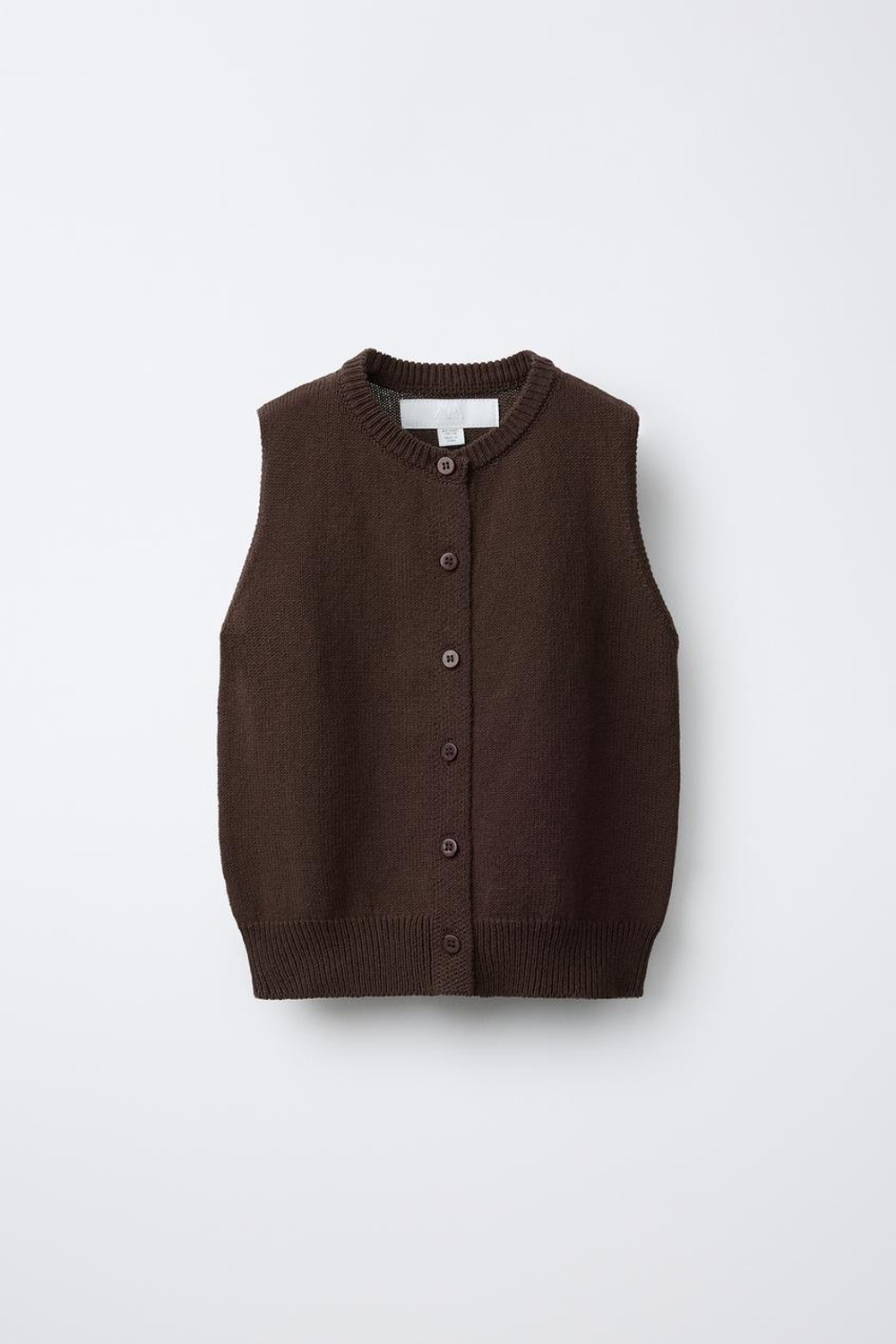 ZARA ТРИКОТАЖНЫЙ ЖИЛЕТ С ПУГОВИЦАМИ, КОРИЧНЕВЫЙ