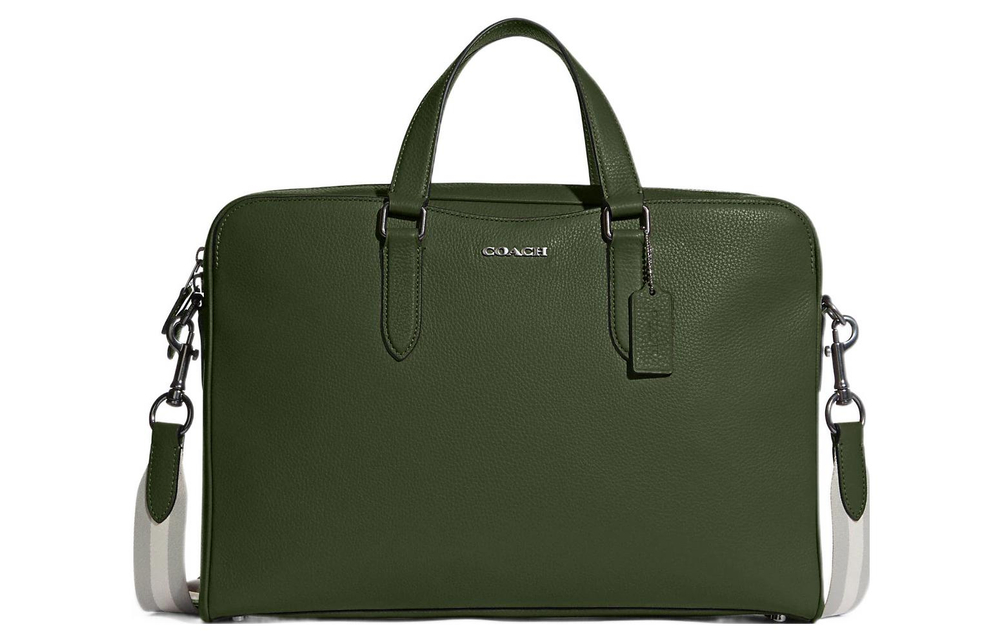 COACH Graham Pebbled Leather Briefcase, Shoulder Bag, Handbag Large Men"s Dark Green