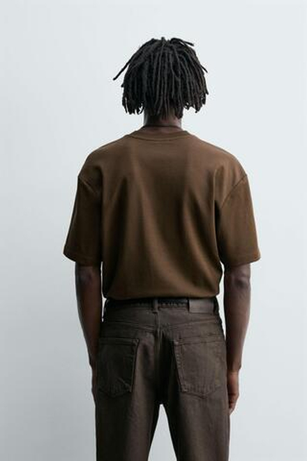 ZARA ФУТБОЛКА RELAXED FIT INTERLOCK, ТЕМНО-КОРИЧНЕВЫЙ
