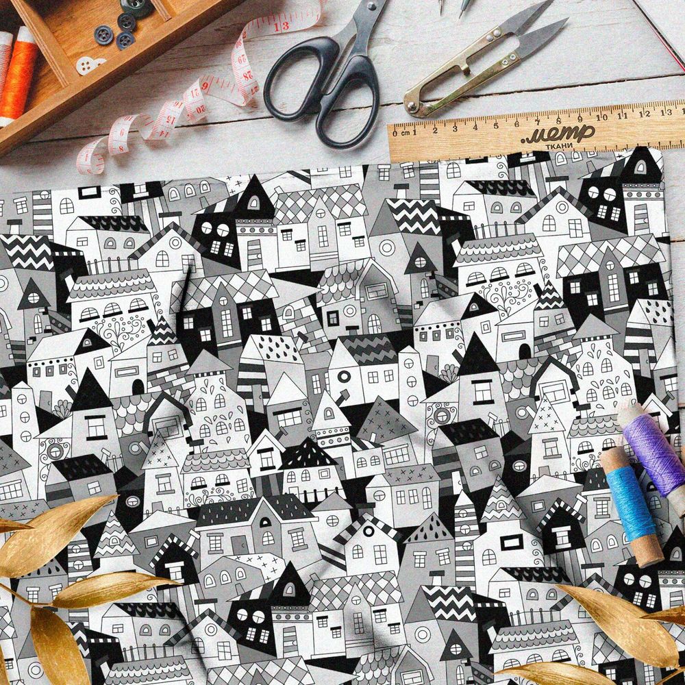 Ткань флис чёрно-белые резные дома