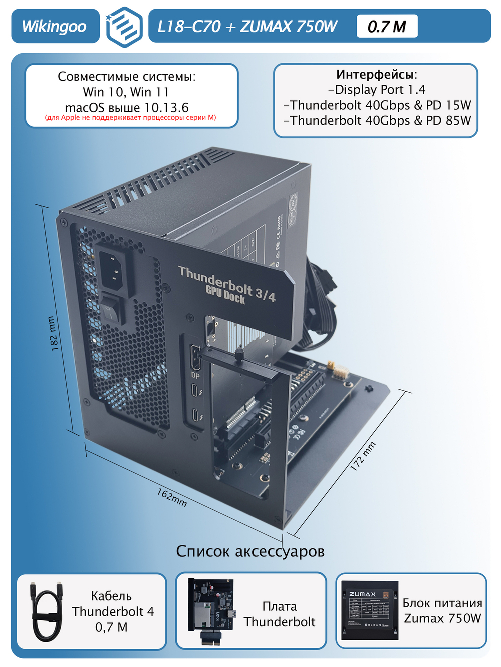 Внешний корпус для видеокарты Wikingoo L18-C70 + ZUMAX 750W. Thunderbolt 3/4.