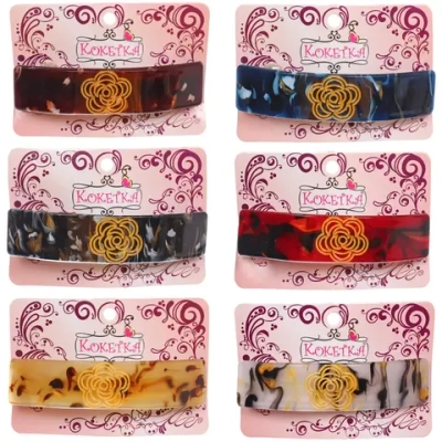 Заколка - автомат «ЭКЛЕР», форма прямоугольная, розалия, микс 5 цветов, 11*2,8см (блистер Кокетка)