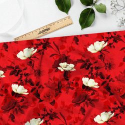 Ткань шелк Армани белые цветы и красные розы