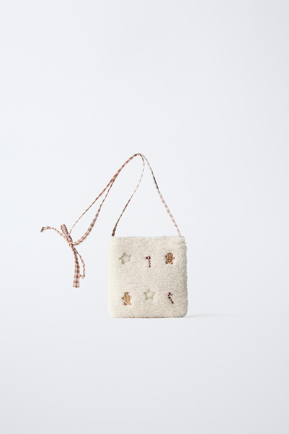 ZARA СУМКА ИЗ ИСКУССТВЕННОЙ ОВЧИНЫ С НОВОГОДНЕЙ ВЫШИВКОЙ, ЭКРЮ