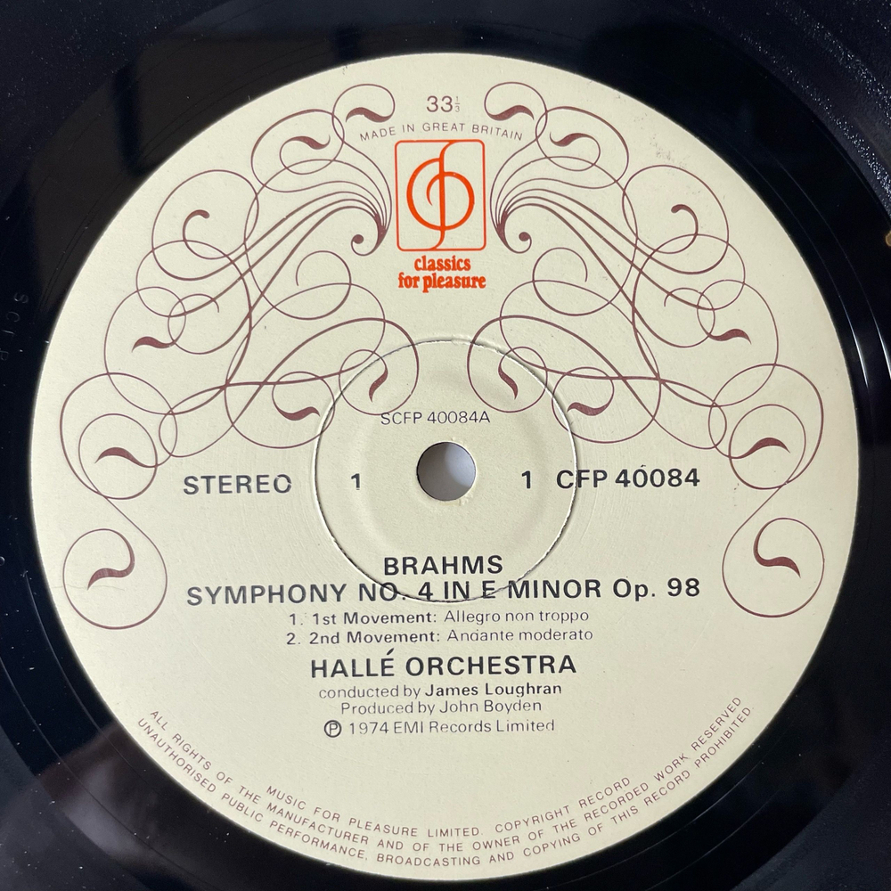 Винтажная виниловая пластинка LP Brahms Брамс, Halle Orchestra, James Loughran Симфония Symphony No.4 In E Minor (Англия 1974)
