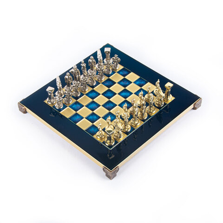 Шахматы 28х28см Manopoulos Metal Chess Spartan Warrior воины Спарты синий золото с серебром