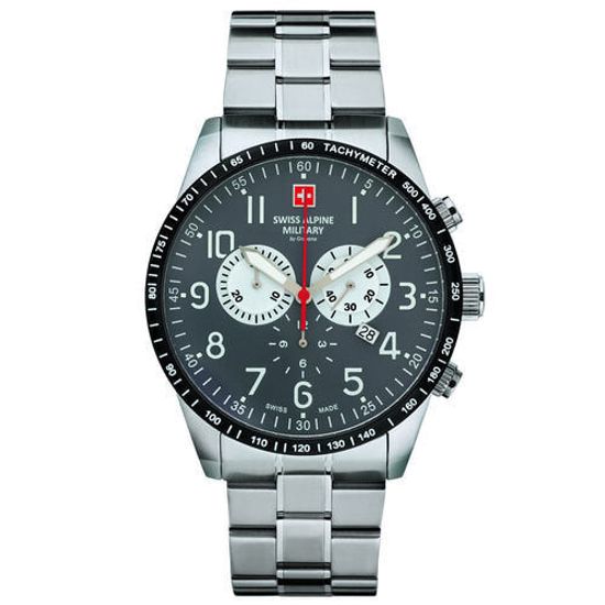 С браслетом Мужские наручные часы с серебряным браслетом Swiss Alpine Military 7082.9138 chrono 45mm 10ATM